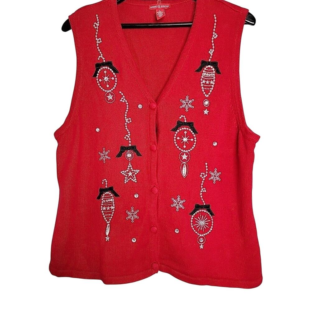 Merry & Bright Sequin Rhinestone Ornaments‎ Christmas Holiday Sweater Vest Sz L